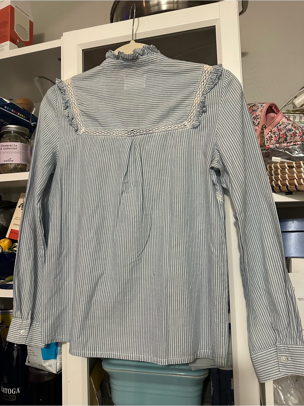 Cute $250 Sezane Blue White Stripe Lace Trim Ruffle Collar Shoulders Button Down - Picture 9 of 10